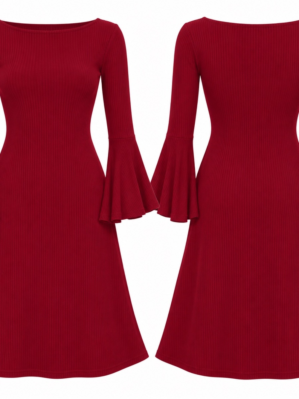 Women’s Red Ribbed Bell-Sleeve Long-Sleeve Dress